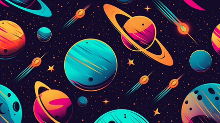 A seamless space pattern featuring bright planets, shooting stars, and glowing comets on a deep dark blue background. The planets are designed in bold colors like orange, teal, and purple