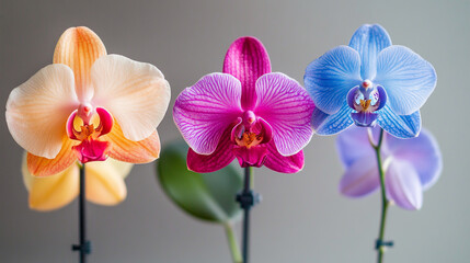 Three vibrant orchids in various colors with lush green leaves in a well-lit indoor setting