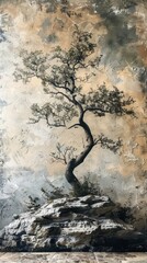A realistic painting of a tree on a textured wall enhances the decor of the interior space