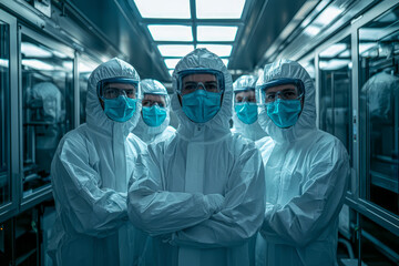High Definition Group Photos of Semiconductor Laboratory Researchers in Dust-Free Clothing and Masks Capturing Rich Details in Technology Research Room
