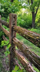 Sturdy wooden fence amidst lush greenery in a summer garden at midday