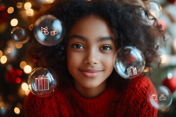 Smiling Afro American Girl with curly hair in red sweater surrounded by Christmas Bubbles with Gift Illustrations, Festive Bokeh lights in background. Christmas, New Year Concept
