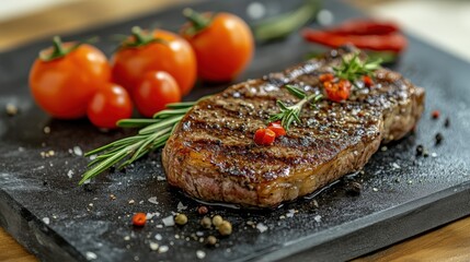 Charred Beef Steak Served with Fresh Tomatoes