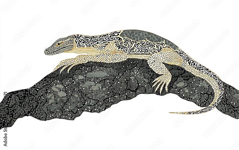 Poster Intricate illustration of a lizard resting on a rocky surface, showcasing unique patterns and colors in a naturalistic setting
