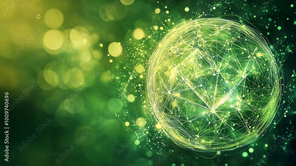 Poster abstract representation of interconnected global networks illuminated in green hues