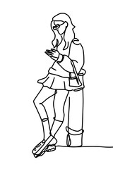 One continuous line drawing, a girl sitting and drinking  	