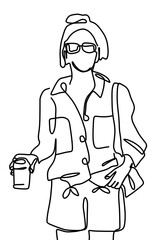 One continuous line drawing, a girl sitting and drinking  	