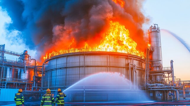 Industrial Chemical Tank Fire Emergency - Firefighters battling a massive blaze at an industrial facility as thick black smoke billows into the sky.