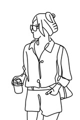 One continuous line drawing, a girl sitting and drinking  	