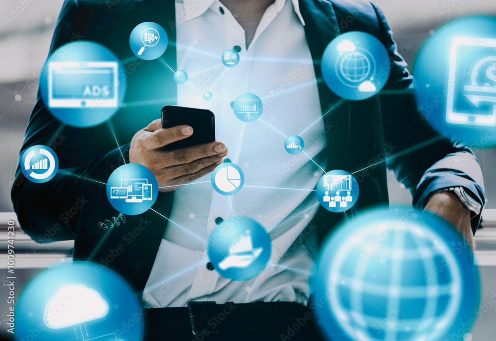 Poster digital marketing technology solution for online business concept - graphic interface showing analyt