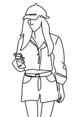 One continuous line drawing, a girl sitting and drinking  	