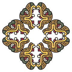 Geometrical cross shape ethnic ornament with heads of fantastic animal with open jaw. Ethnic design of Aztec Indians from Mexican codex. Isolated vector illustration.
