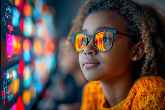 Young Afro American Schoolgirl wearing Glasses, looking thoughtfully at brightly lit Screen displaying colorful graphics, with reflections of images visible in her lenses. School Process Concept
 - Powered by Adobe