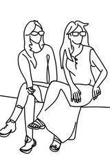One continuous line drawing, a girl sitting and drinking  	