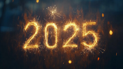 New Year 2025 festive background the numbers 2025 surrounded by vibrant fireworks, bokeh lights, sparkling confetti, and glittering ornaments, creating a lively poster atmosphere for celebration