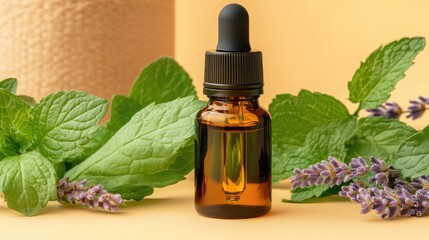 A bottle of peppermint essential oil rests next to fresh mint leaves and lavender, all set against a bright yellow background, creating a refreshing and aromatic display