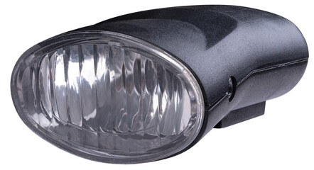 Black plastic bicycle lamp on isolated background.