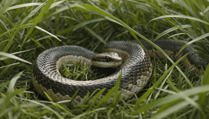 Obraz premium Detailed shot of a snake slithering through the grass, capturing the scales and patterns along its body and the way it interacts with the environment.