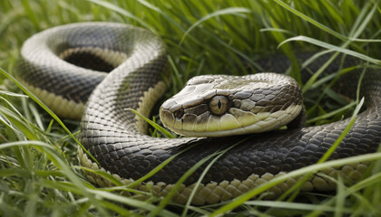 Obraz premium Detailed shot of a snake slithering through the grass, capturing the scales and patterns along its body and the way it interacts with the environment.