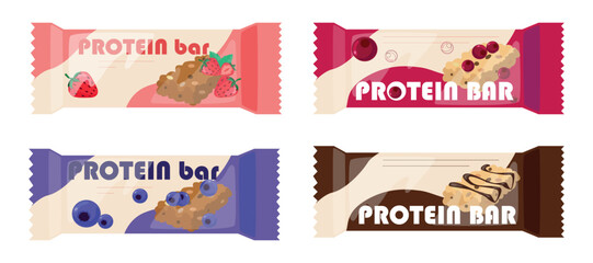 Set of beautiful protein bars in colorful wrappers, in cartoon style .Vector illustration of protein bars with various flavors:strawberry, cranberry,blueberry,chocolate isolated on a white background.