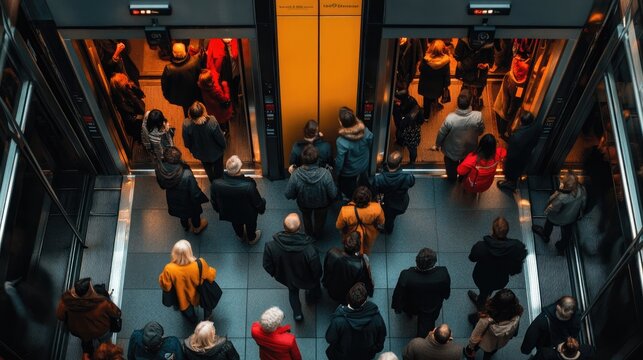 People exiting elevators in an office building