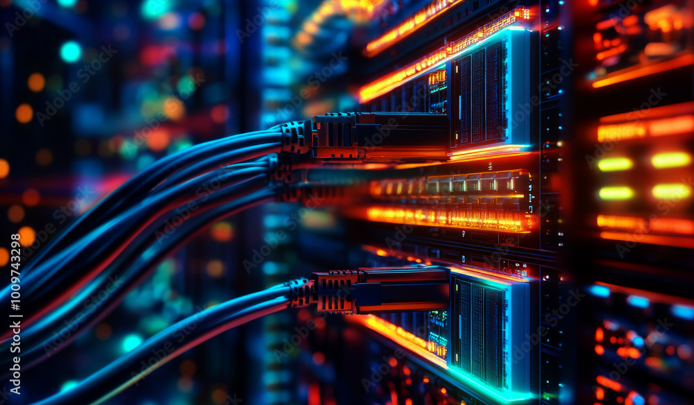 Poster abstract technological background, with network cables connected to data center server