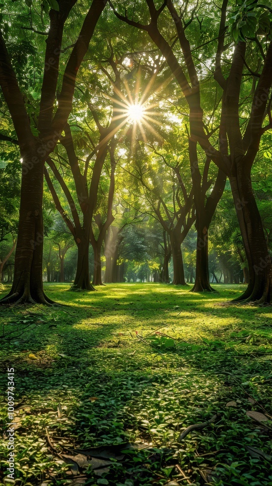Poster sunlight filters through trees creating a tranquil atmosphere in a vibrant park
