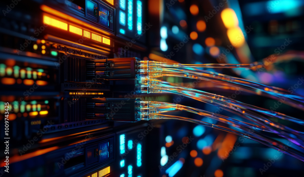 Poster abstract technological background, with network cables connected to data center server
