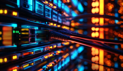 Fototapeta premium Abstract technological background, with network cables connected to data center server 