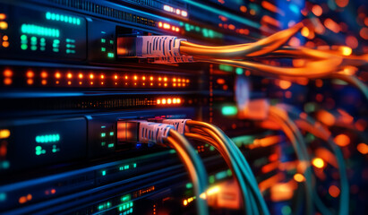 Fototapeta premium Abstract technological background, with network cables connected to data center server 