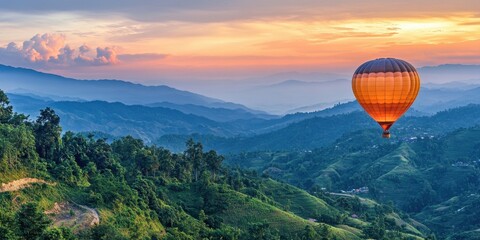Fototapeta premium a hot air balloon flying over a mountain