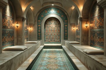 Fototapeta premium A Serene and Luxurious Oriental Spa with Mosaic Tiles and Warm Lighting