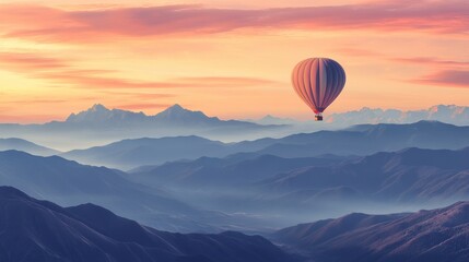 Fototapeta premium Hot Air Balloon Soaring Over Majestic Mountain Ranges at Sunset