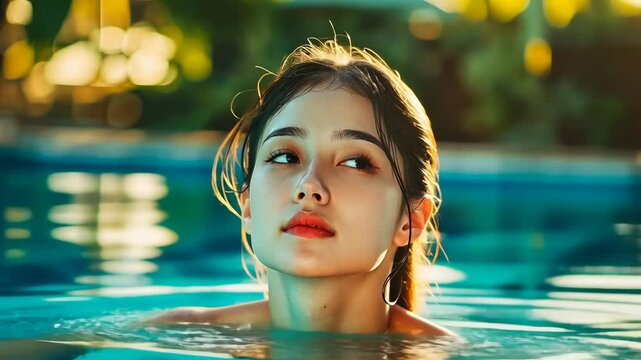 A young Asian woman with long hair enjoys a serene moment in a pool at sunset. The warm, golden light gives a tranquil atmosphere, highlighting the calm water and lush background. The soft,