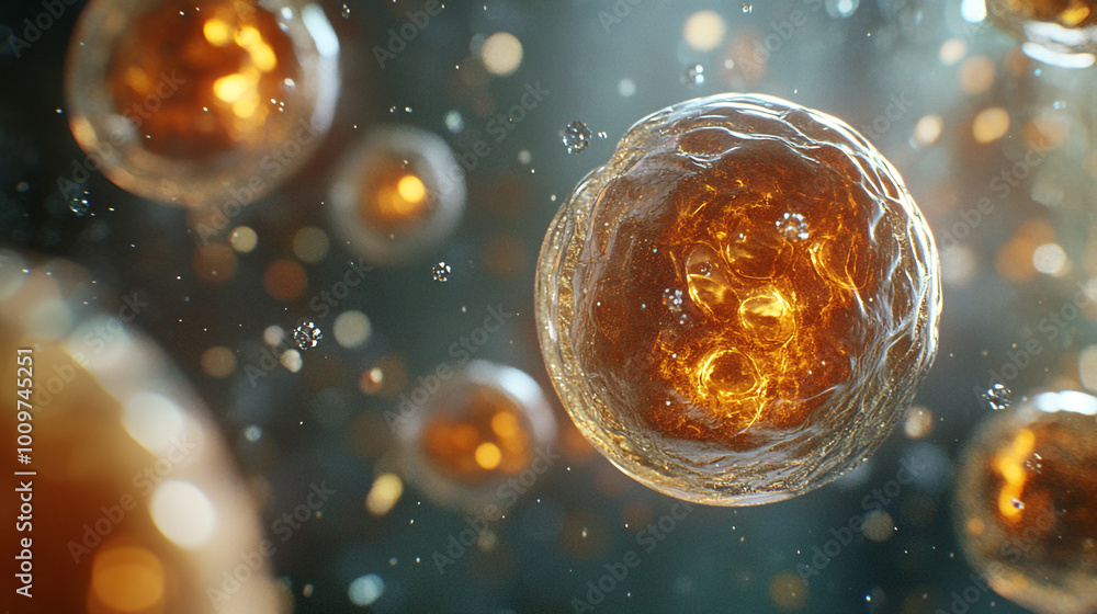 Poster microbial cells illuminated in a detailed close-up showcasing their structure and movement