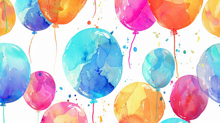 Watercolor balloons in various colors floating on a white background. Concept of celebration, party decor, festive events, birthday. Festive backdrop. Copy space