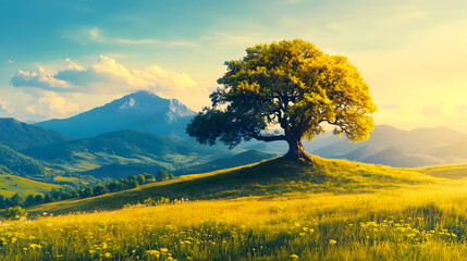 Majestic Mountain Landscape With Lone Tree Under Clear Blue Sky