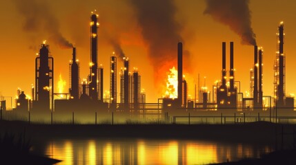 Fototapeta premium Apocalyptic Cityscape - A city skyline engulfed in the eerie orange glow of a distant chemical fire, casting an ominous shadow over the urban landscape.