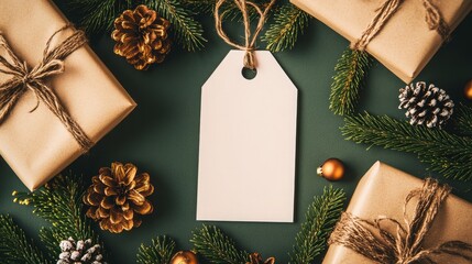 A blank gift tag, perfect for design, is elegantly surrounded by Christmas decorations, wrapped gifts, and natural elements, creating a charming holiday atmosphere
