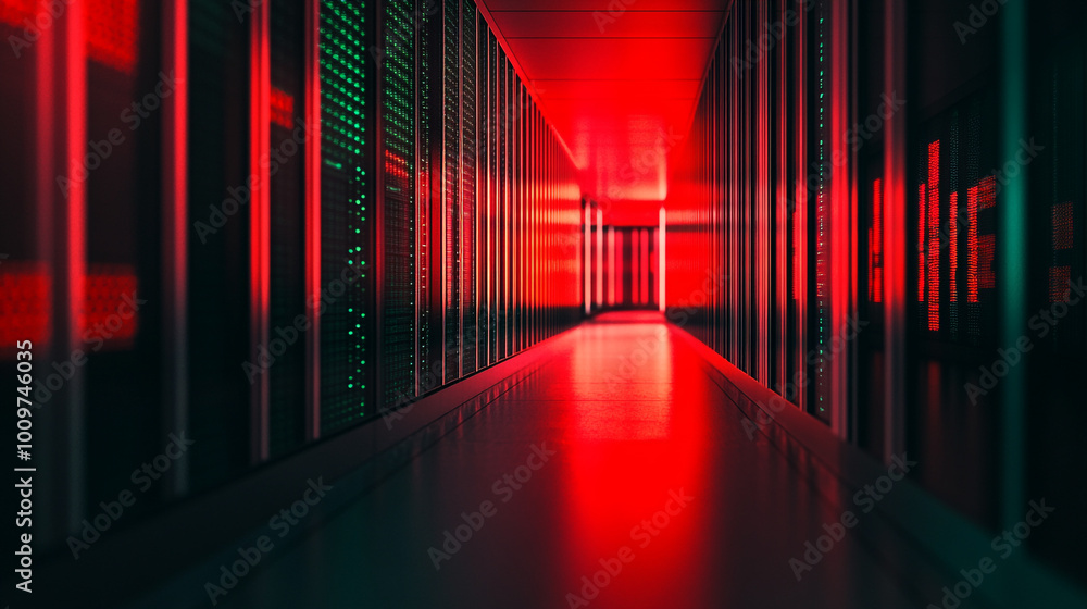 Poster dark server corridor illuminated by vibrant red lights in a modern data center environment