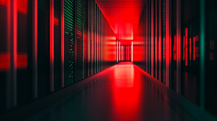 Fototapeta premium Dark server corridor illuminated by vibrant red lights in a modern data center environment