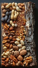 Obraz premium A colorful arrangement of various nuts on a rustic wooden surface showcasing diverse textures