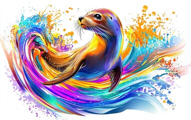 Obraz premium A vibrant seal splashes joyfully in swirling waves of color, enchanting the ocean on a bright sunny day
