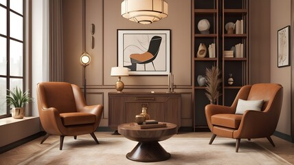 Fototapeta premium Stylish interior of living room with design brown armchair, wooden bookcase, pendant lamp, carpet decor, picture frames and elegant personal accessories in modern retro home decor. Template.