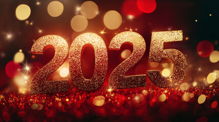 New Year 2025 festive background featuring the numbers 2025 surrounded by vibrant fireworks, bokeh lights, sparkling confetti, and golden ornaments on a red background for a celebratory poster design