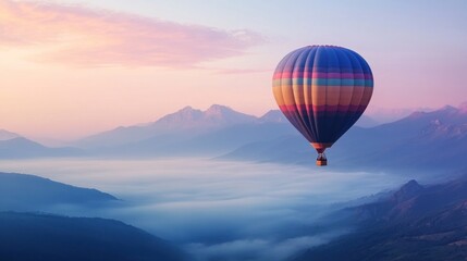 Hot Air Balloon Soaring Above Misty Mountains at Dawn