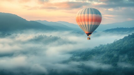 Fototapeta premium Hot Air Balloon Soaring Over Misty Mountains
