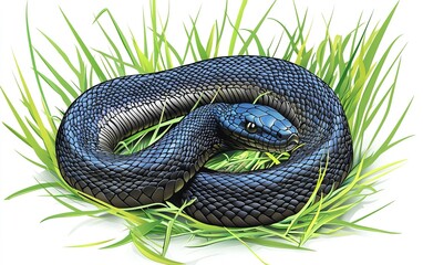 Obraz premium A striking black snake coiled elegantly in vibrant green grass during a sunny day in a lush habitat