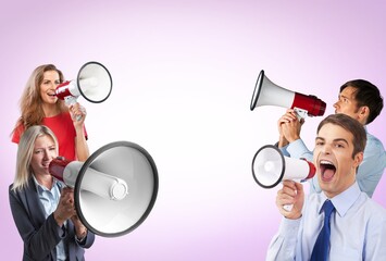 Group of business people hold megaphone
