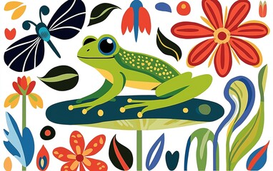 Obraz premium Vibrant green frog perched atop a colorful leaf surrounded by whimsical flowers and butterflies in an imaginative garden